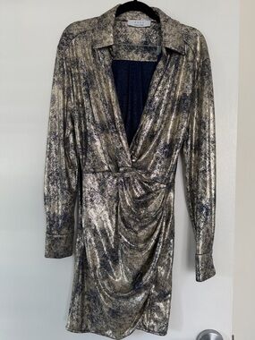 Kaos Metallic Silver Long-Sleeve Wrap Dress Size Medium